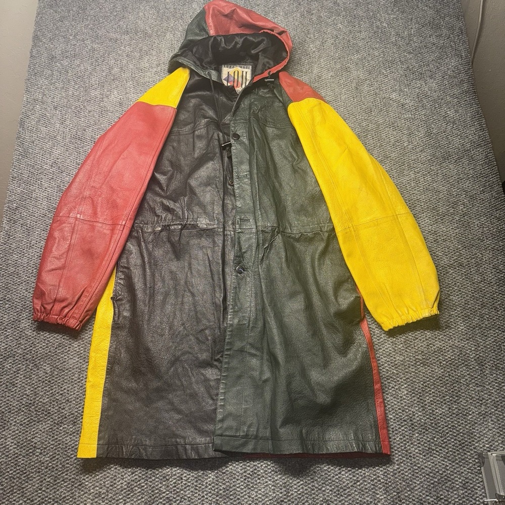 Vintage I.O.U. Euro Mode Leather Hooded Color Block Long Coat Men L Hip Hop Rare